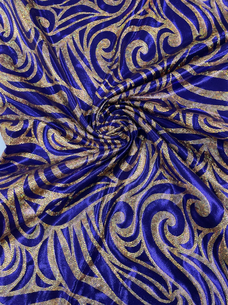 Tribal Swirl Spandex Fabric - Purple / Gold - Hologram Metallic 4-Way Stretch Milliskin Fabric by Yard