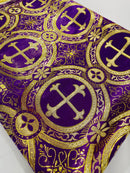 Brocade Cross Fabric - Purple / Gold - Church Vestment Religious Jacquard Fabric By Yard