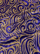 Tribal Swirl Spandex Fabric - Purple / Gold - Hologram Metallic 4-Way Stretch Milliskin Fabric by Yard