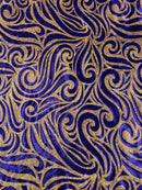 Tribal Swirl Spandex Fabric - Purple / Gold - Hologram Metallic 4-Way Stretch Milliskin Fabric by Yard