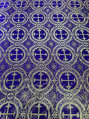 Brocade Cross Fabric - Purple / Gold - Church Vestment Religious Jacquard Fabric By Yard