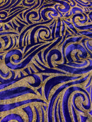 Tribal Swirl Spandex Fabric - Purple / Gold - Hologram Metallic 4-Way Stretch Milliskin Fabric by Yard