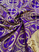 Brocade Cross Fabric - Purple / Gold - Church Vestment Religious Jacquard Fabric By Yard