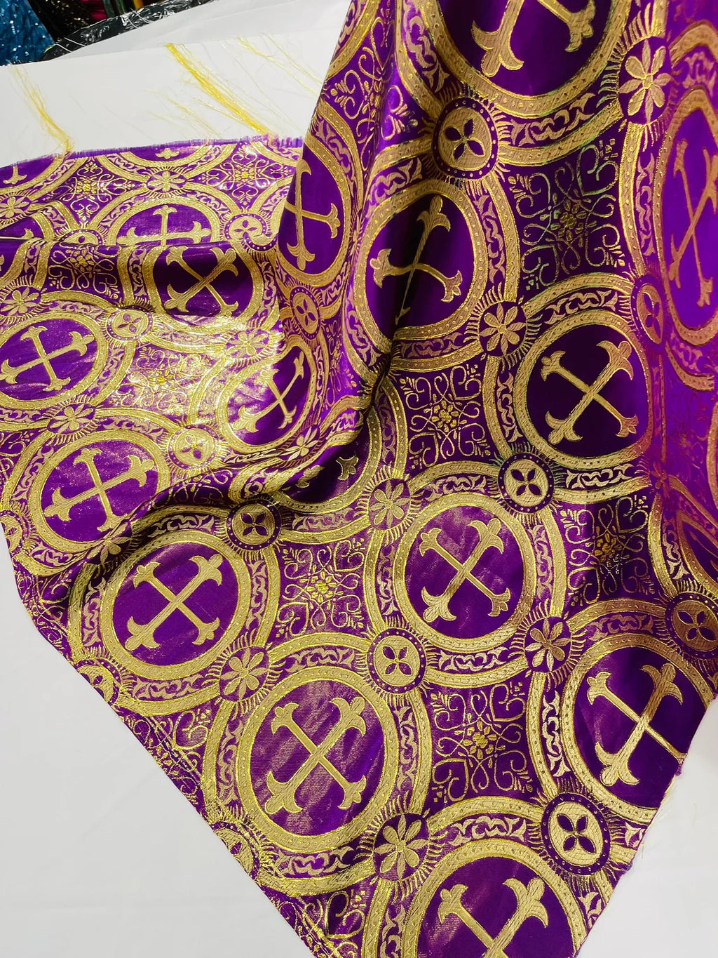 Brocade Cross Fabric - Purple / Gold - Church Vestment Religious Jacquard Fabric By Yard