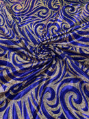 Tribal Swirl Spandex Fabric - Purple / Gold - Hologram Metallic 4-Way Stretch Milliskin Fabric by Yard
