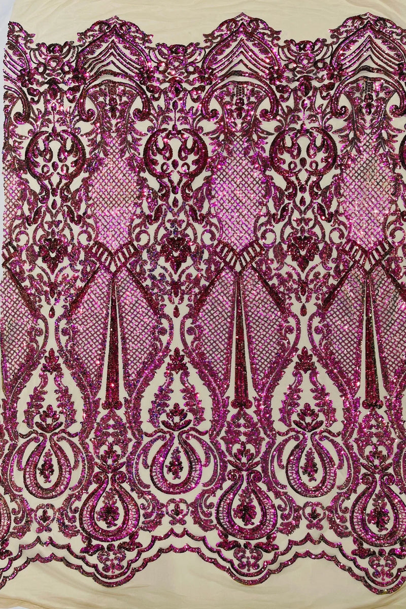 4 Way Stretch Fabric - Purple / Green - Embroidered Pattern Design Sequins Fabric on Mesh By Yard