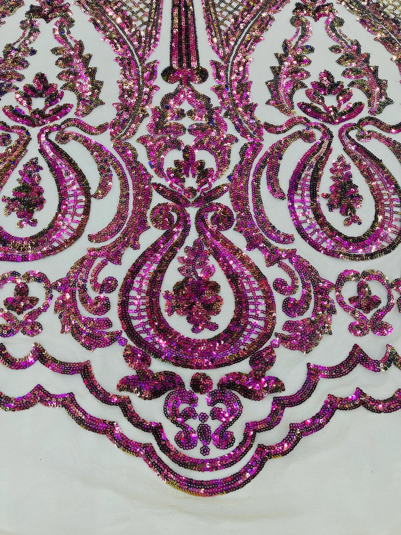 4 Way Stretch Fabric - Purple / Green - Embroidered Pattern Design Sequins Fabric on Mesh By Yard