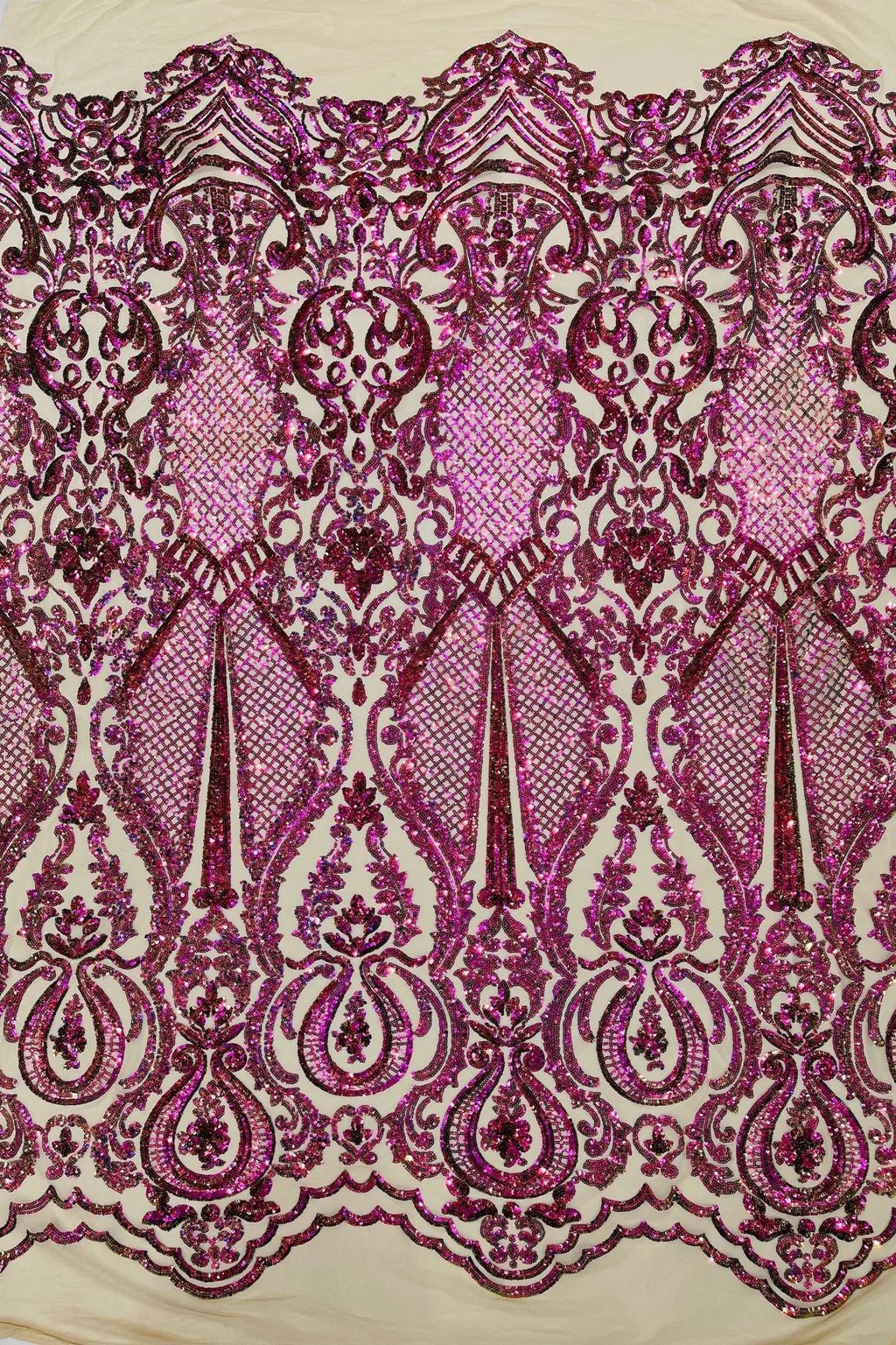 4 Way Stretch Fabric - Purple / Green - Embroidered Pattern Design Sequins Fabric on Mesh By Yard