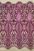 4 Way Stretch Fabric - Purple / Green - Embroidered Pattern Design Sequins Fabric on Mesh By Yard