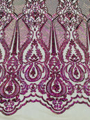 4 Way Stretch Fabric - Purple / Green - Embroidered Pattern Design Sequins Fabric on Mesh By Yard
