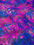 Cobra Snake Foil Fabric - Purple / Hot Pink Iridescent - Cobra Snake Design on Tie Dye Spandex Fabric By Yard