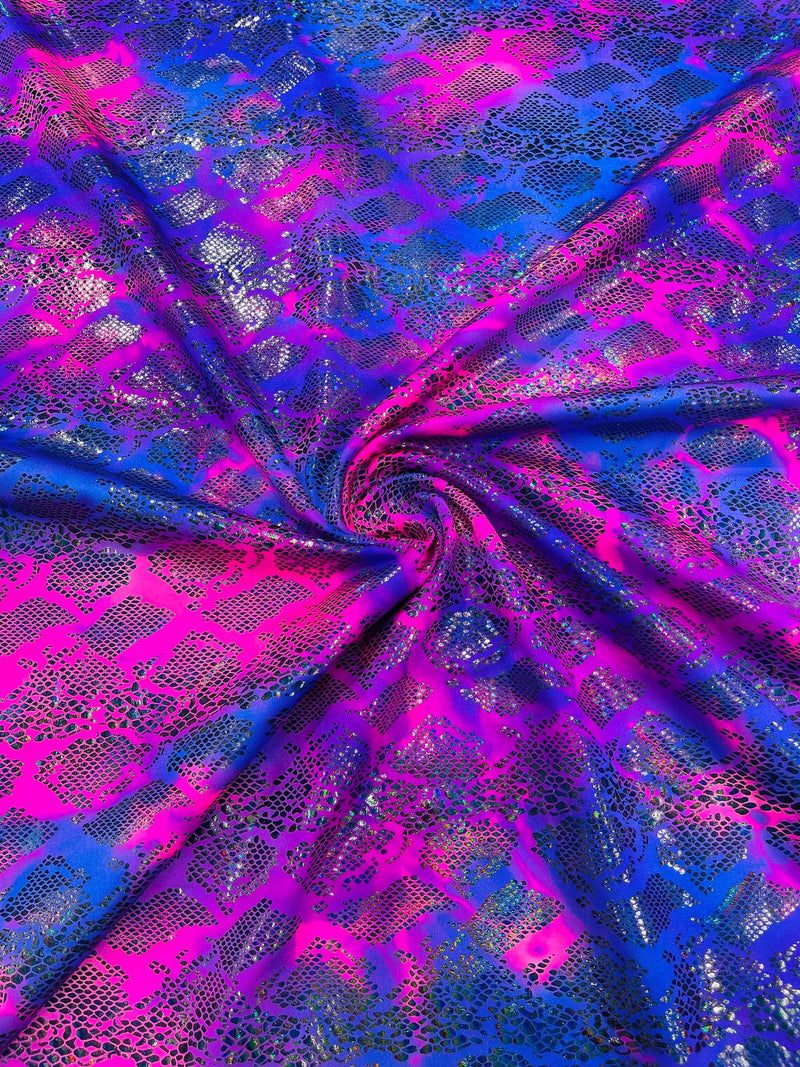 Cobra Snake Foil Fabric - Purple / Hot Pink Iridescent - Cobra Snake Design on Tie Dye Spandex Fabric By Yard