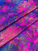Cobra Snake Foil Fabric - Purple / Hot Pink Iridescent - Cobra Snake Design on Tie Dye Spandex Fabric By Yard