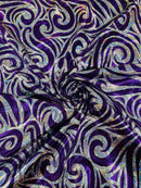Tribal Swirl Spandex Fabric - Purple / Silver - Hologram Metallic 4-Way Stretch Milliskin Fabric by Yard
