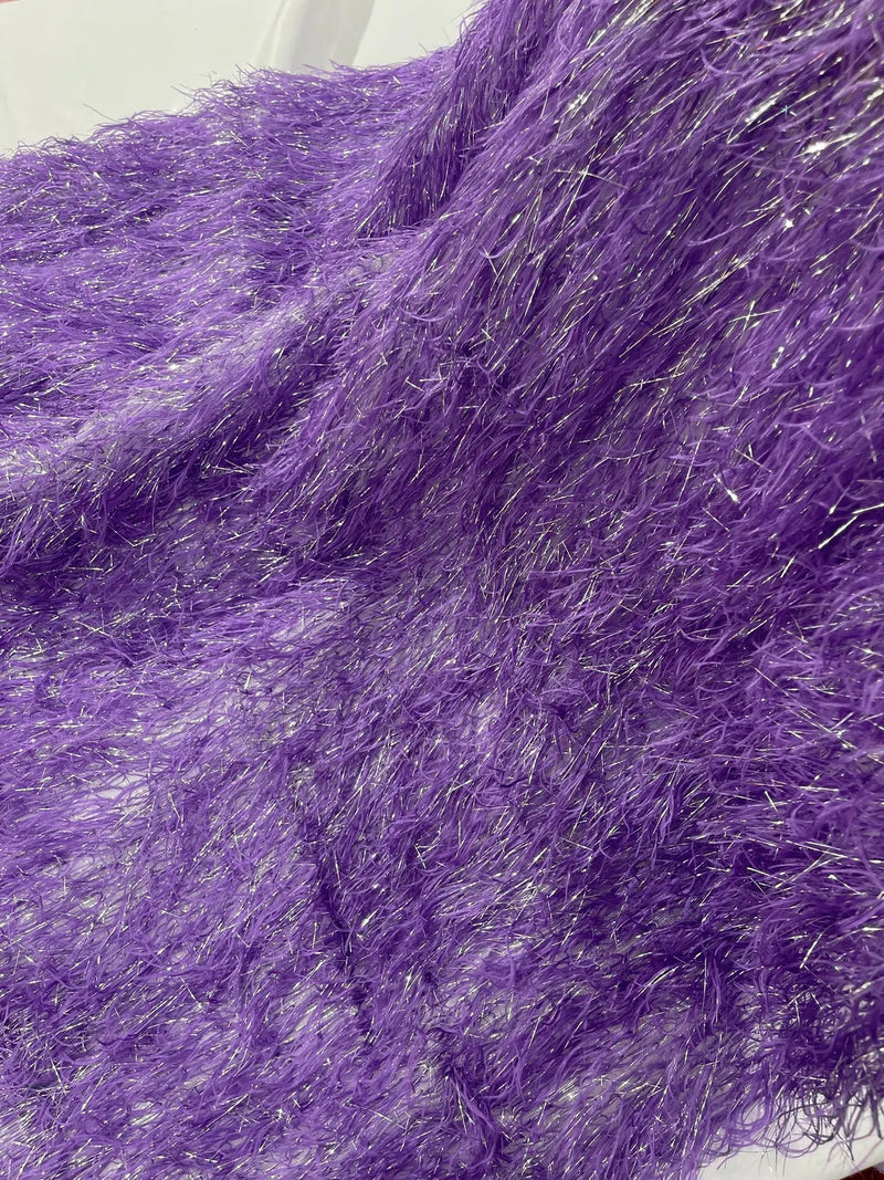 Metallic Eyelash Fabric - Purple / Silver - Feather/Eyelash/Fringe Design on Mesh By Yard