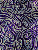 Tribal Swirl Spandex Fabric - Purple / Silver - Hologram Metallic 4-Way Stretch Milliskin Fabric by Yard