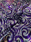 Tribal Swirl Spandex Fabric - Purple / Silver - Hologram Metallic 4-Way Stretch Milliskin Fabric by Yard