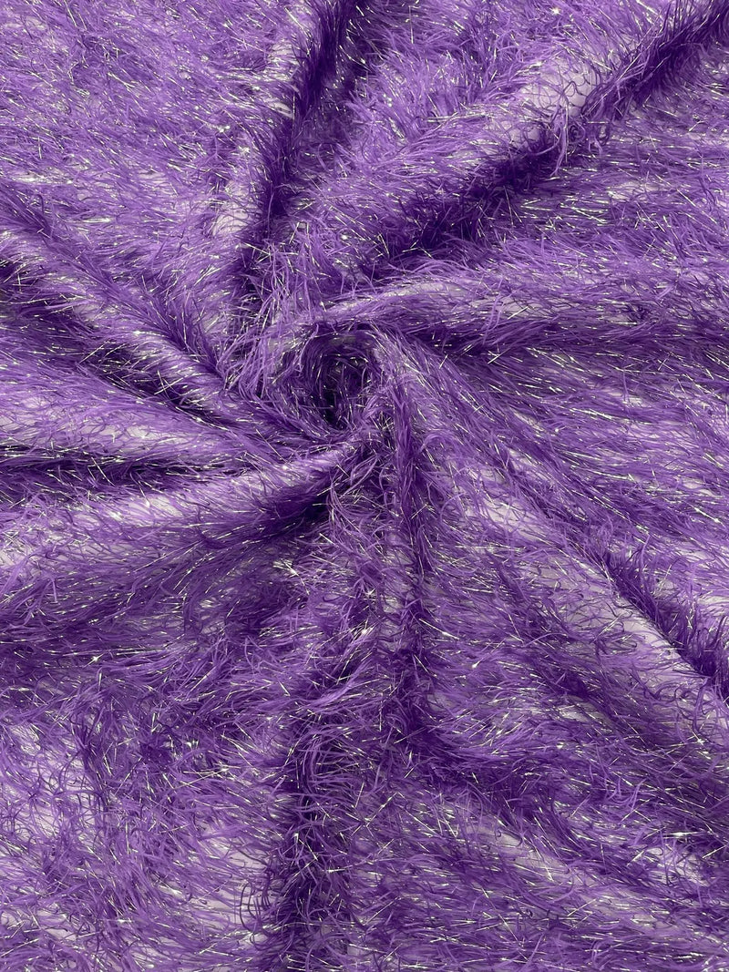 Metallic Eyelash Fabric - Purple / Silver - Feather/Eyelash/Fringe Design on Mesh By Yard