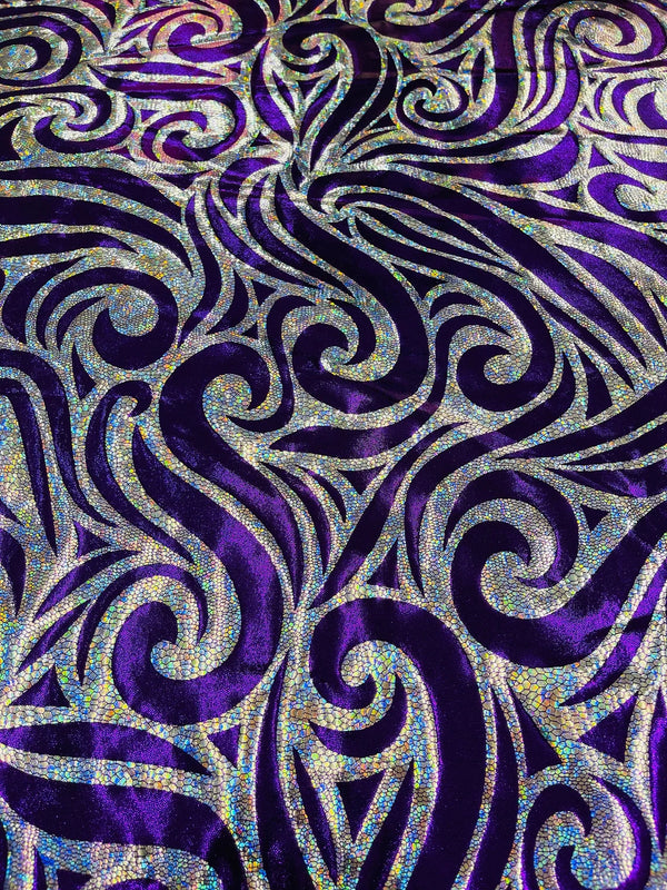 Tribal Swirl Spandex Fabric - Purple / Silver - Hologram Metallic 4-Way Stretch Milliskin Fabric by Yard