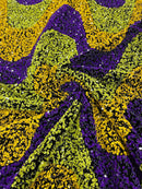 Wavy Line Velvet Sequins - Purple/Yellow/Green - Velvet Sequins 2 Way Stretch Fabric 58/60” By Yard