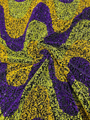 Wavy Line Velvet Sequins - Purple/Yellow/Green - Velvet Sequins 2 Way Stretch Fabric 58/60” By Yard