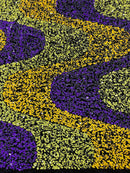 Wavy Line Velvet Sequins - Purple/Yellow/Green - Velvet Sequins 2 Way Stretch Fabric 58/60” By Yard