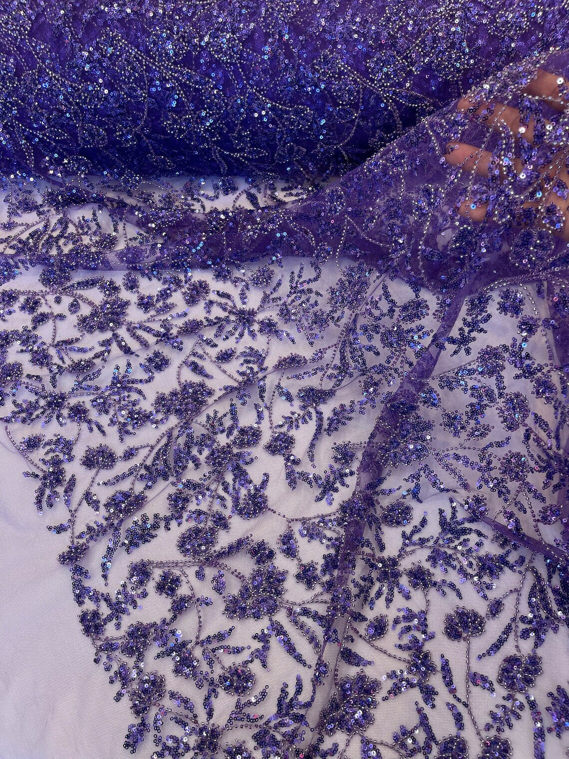 Beaded Floral Plant Design - Purple - Embroidered Beaded Flower Plants Sequins Fabric By Yard