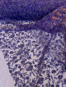 Beaded Floral Plant Design - Purple - Embroidered Beaded Flower Plants Sequins Fabric By Yard