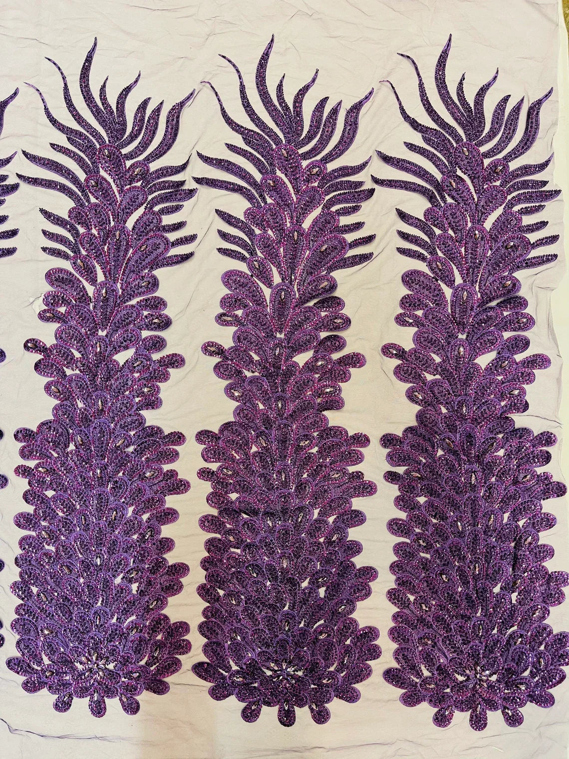 3D Beaded Peacock Feathers - Vegas Design Embroidered Sequins and Beads On a Mesh Lace Fabric - 15 Yard Roll
