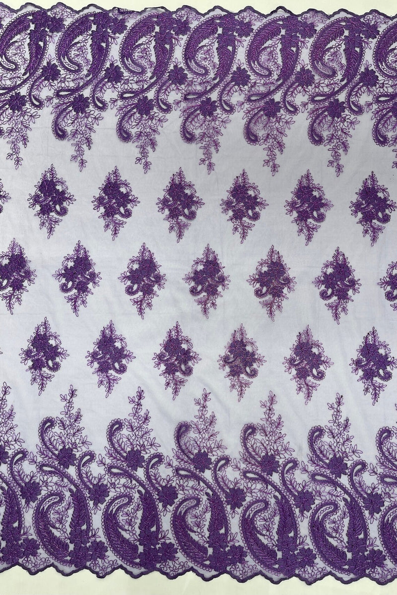 Metallic Corded Lace - Purple - Paisley Floral Fabric with Metallic Thread on a Mesh Lace By Yard