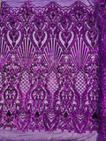 Damask Geometric Sequins - Purple - 4 Way Stretch Sequins Damask Pattern Design Sold By Yard