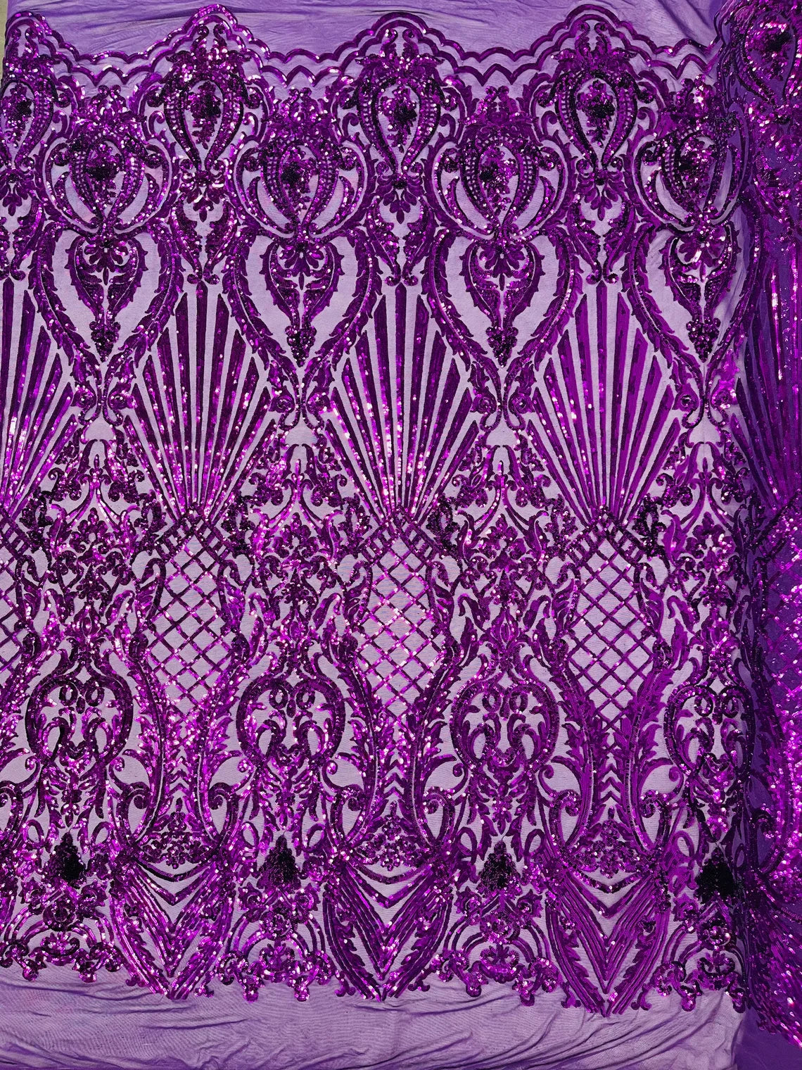 Damask Geometric Sequins - Purple - 4 Way Stretch Sequins Damask Pattern Design Sold By Yard