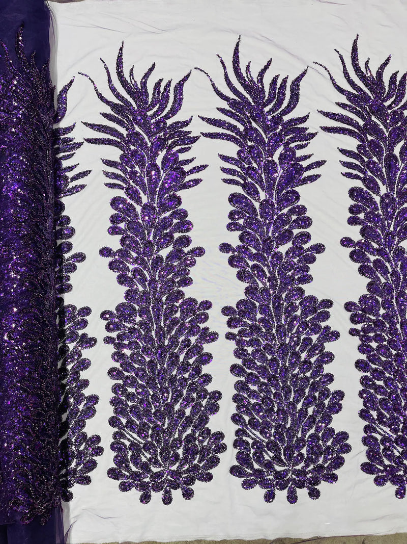 3D Beaded Peacock Feathers - Purple - Sequins Embroidered Beaded Vegas Design On a Mesh Lace Fabric (Choose The Panels)