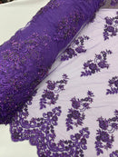 Beaded Floral Fabric - Purple - Embroidered Flower Cluster Beaded Fabric Sold By Yard