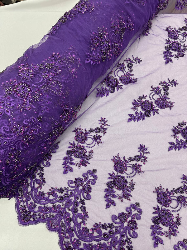 Beaded Floral Fabric - Purple - Embroidered Flower Cluster Beaded Fabric Sold By Yard