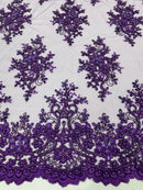 Floral Pearl Bead Fabric - Purple - Flower Design with Beads and Sequins Fabric Sold By Yard