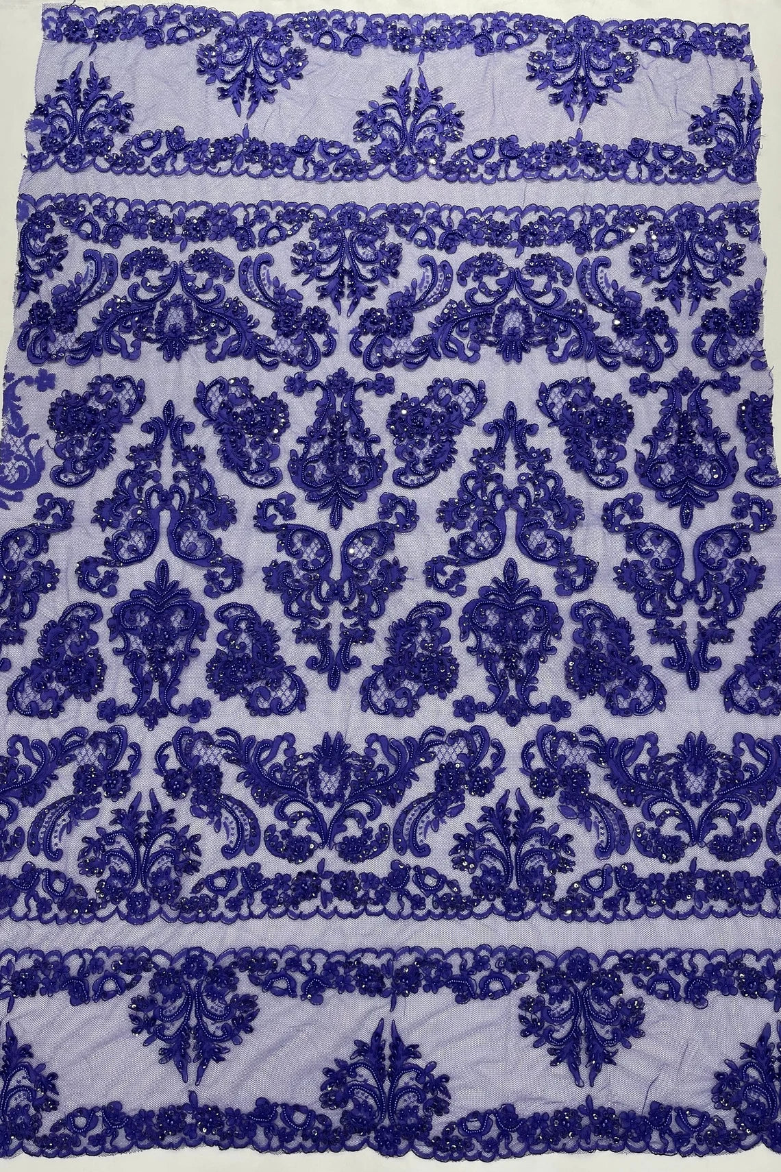 Beaded My Lady Damask Design - Purple - Beaded Fancy Damask Embroidered Fabric By Yard