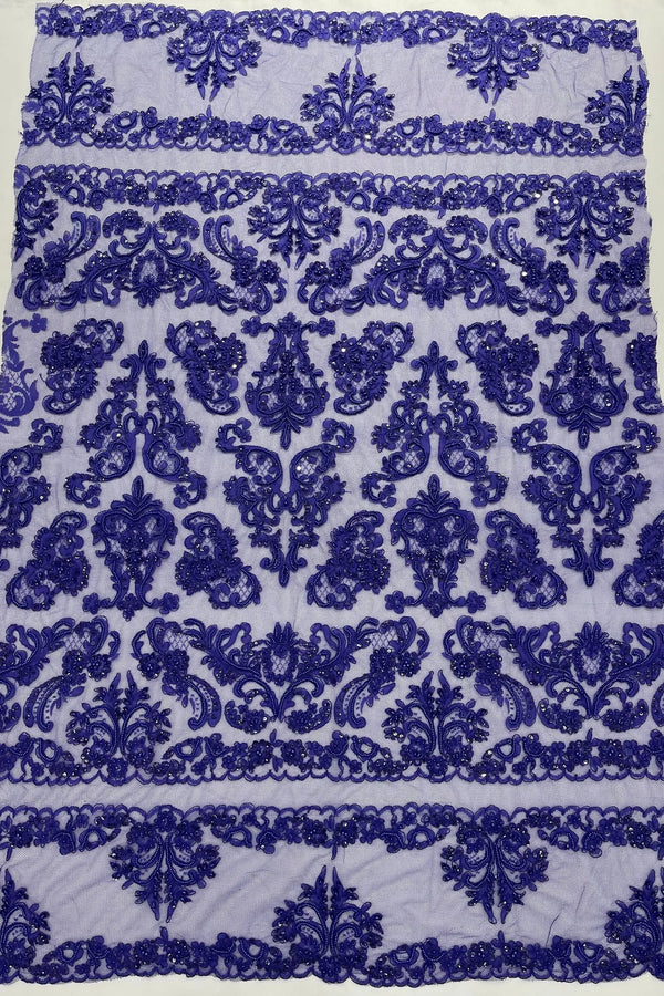 Beaded My Lady Damask Design - Purple - Beaded Fancy Damask Embroidered Fabric By Yard