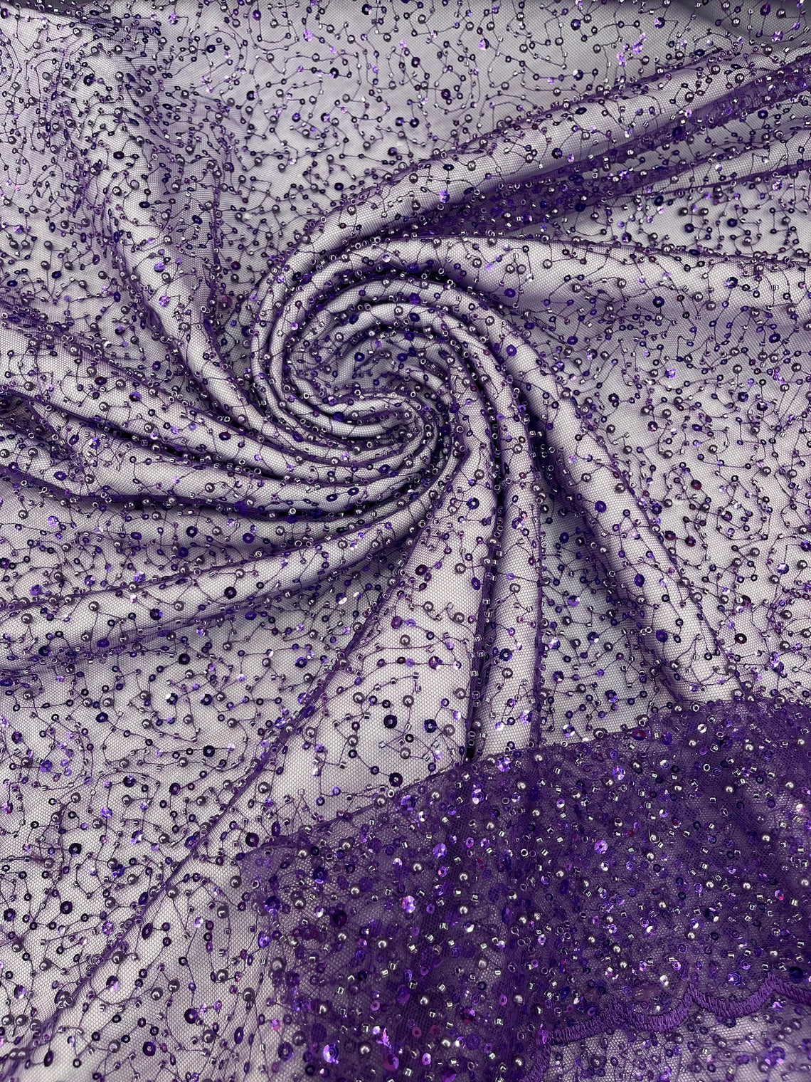 3D Beaded Mesh Fabric - Purple - Embroidered Beaded Lace Mesh Fabric with Small Sequins Sold By Yard