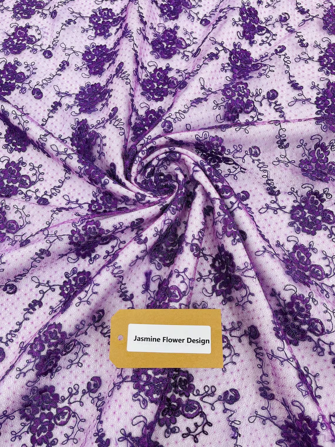 Embroidered Flower Fabric - Purple - Floral Design Scalloped Border Fabric By Yard