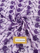 Embroidered Flower Fabric - Purple - Floral Design Scalloped Border Fabric By Yard