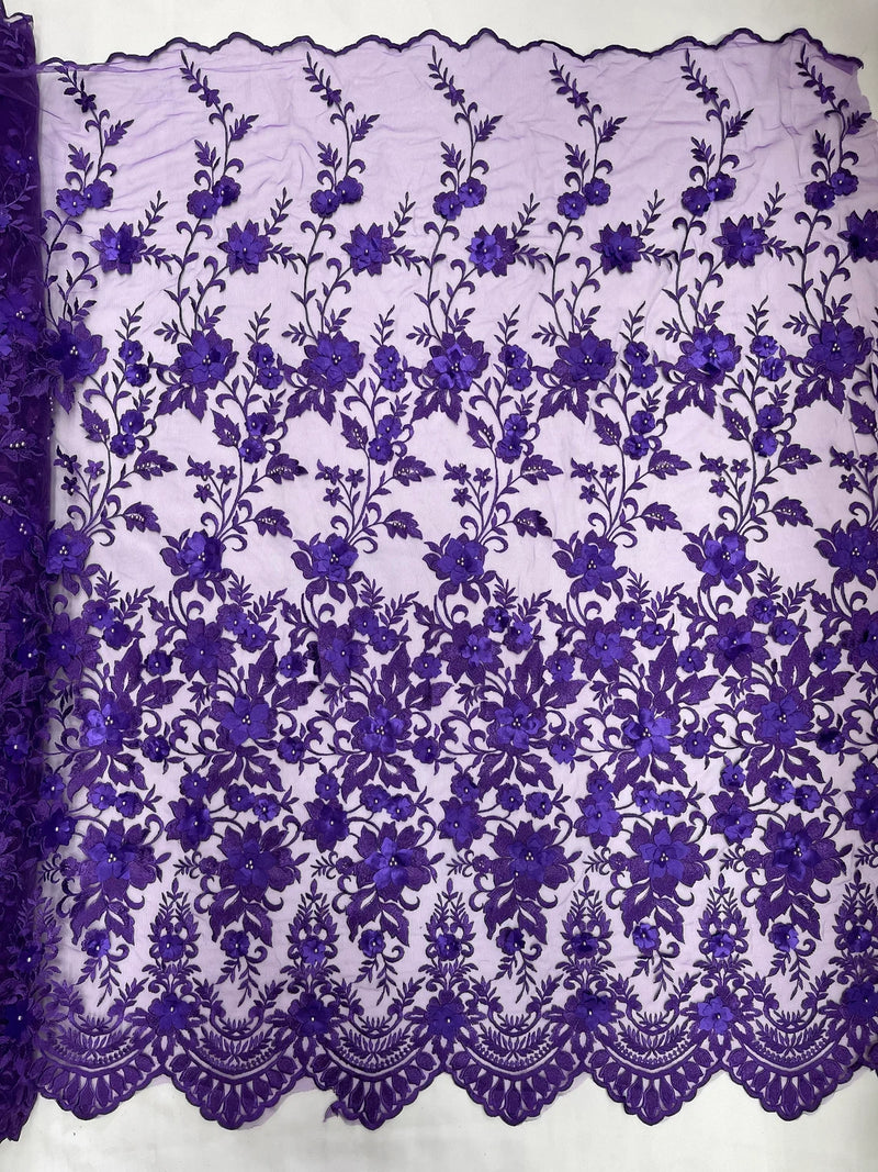 3D Scalloped Border Fabric - Purple - 3D Flowers Embroidered on Lace Sold By Yard
