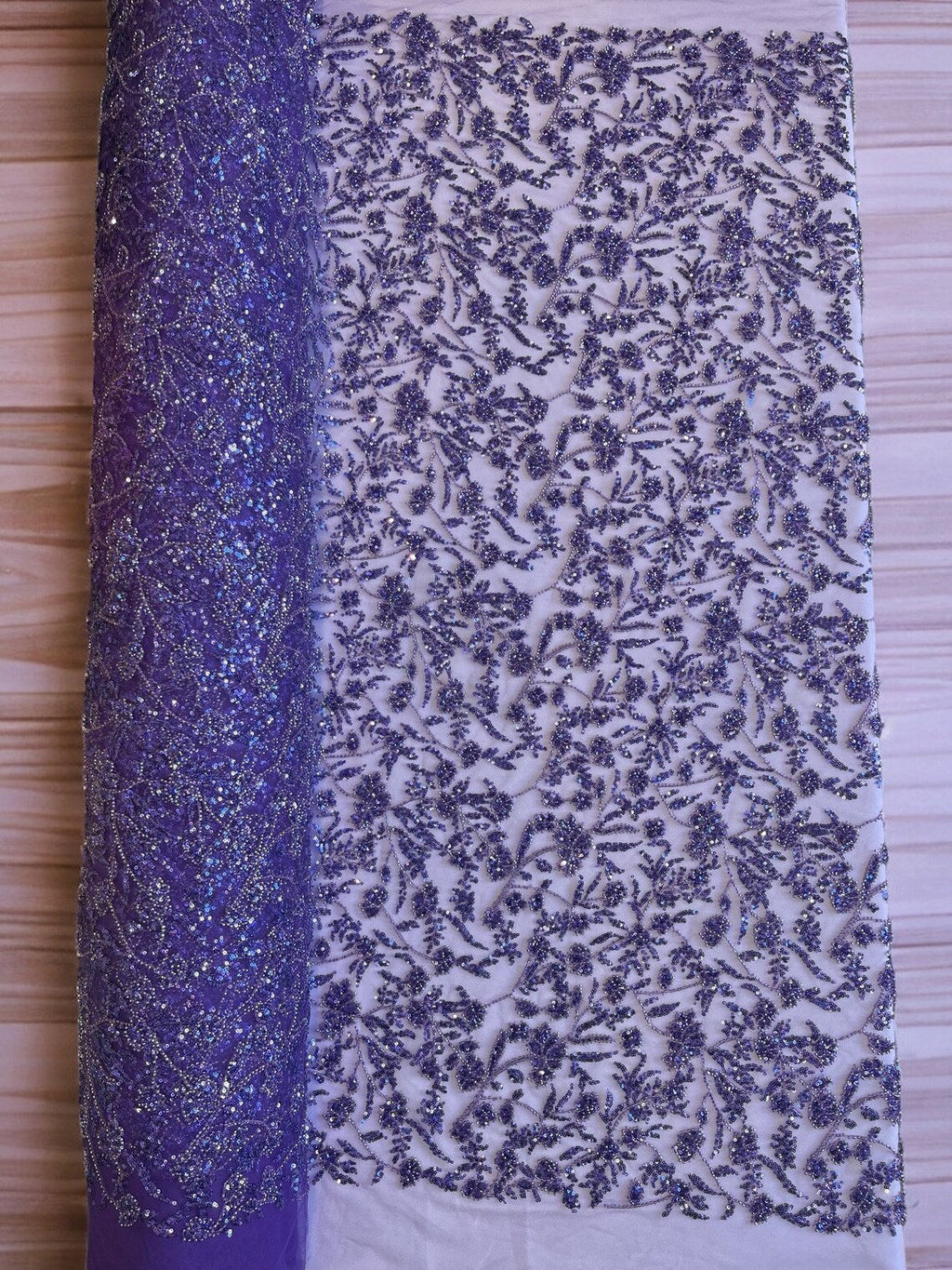 Beaded Floral Plant Design - Purple - Embroidered Beaded Flower Plants Sequins Fabric By Yard