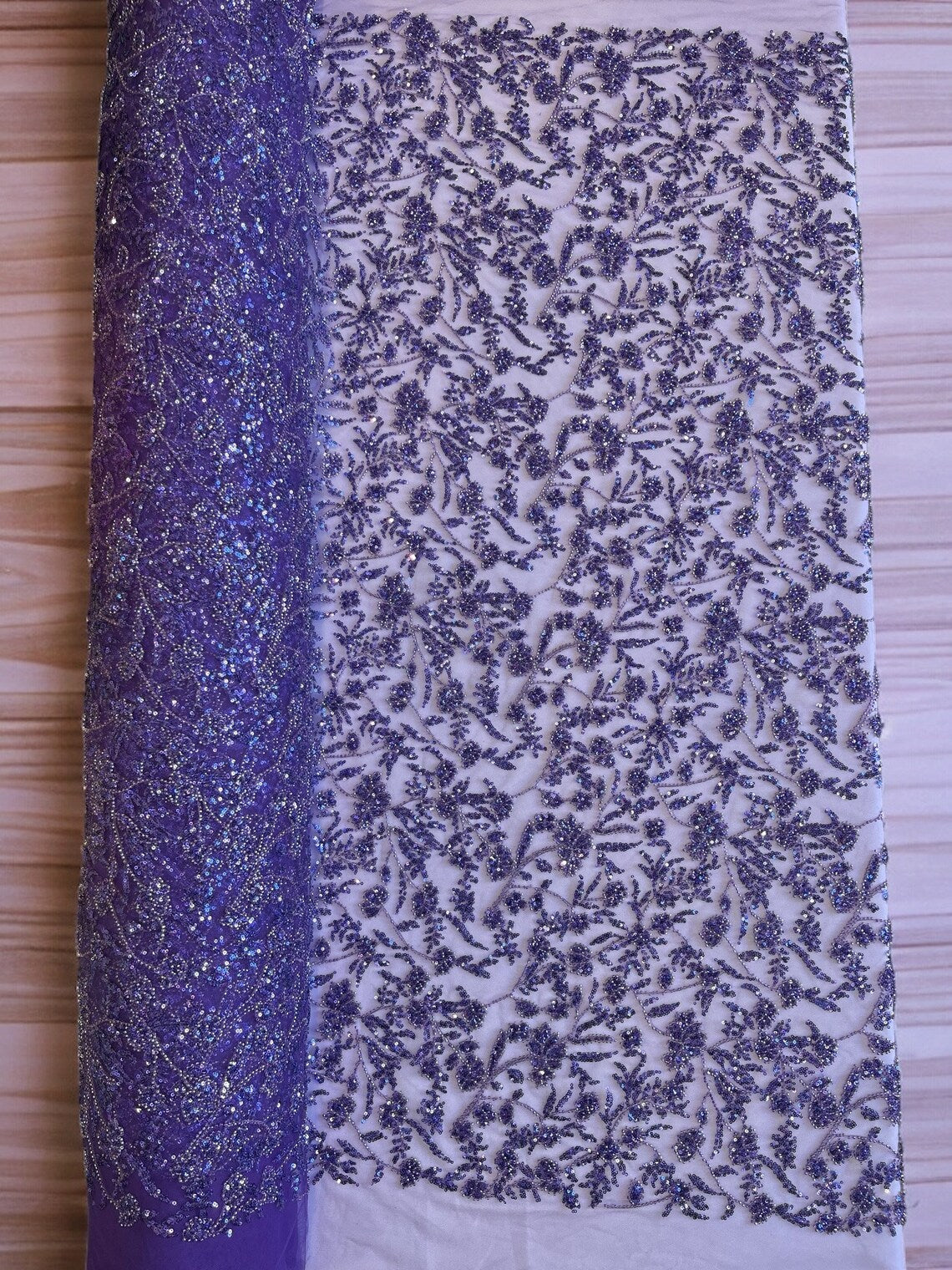 Beaded Floral Plant Design - Purple - Embroidered Beaded Flower Plants Sequins Fabric By Yard
