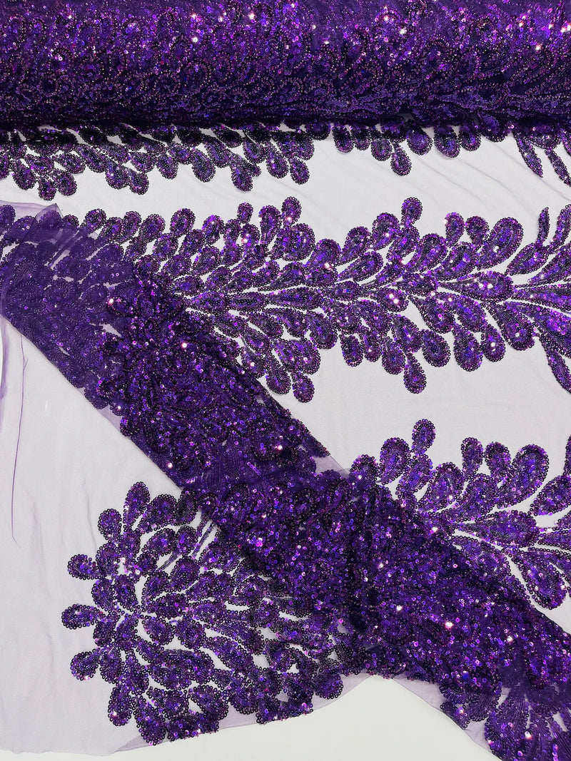 3D Beaded Peacock Feathers - Purple - Sequins Embroidered Beaded Vegas Design On a Mesh Lace Fabric (Choose The Panels)