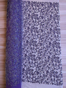 Beaded Floral Plant Design - Purple - Embroidered Beaded Flower Plants Sequins Fabric By Yard