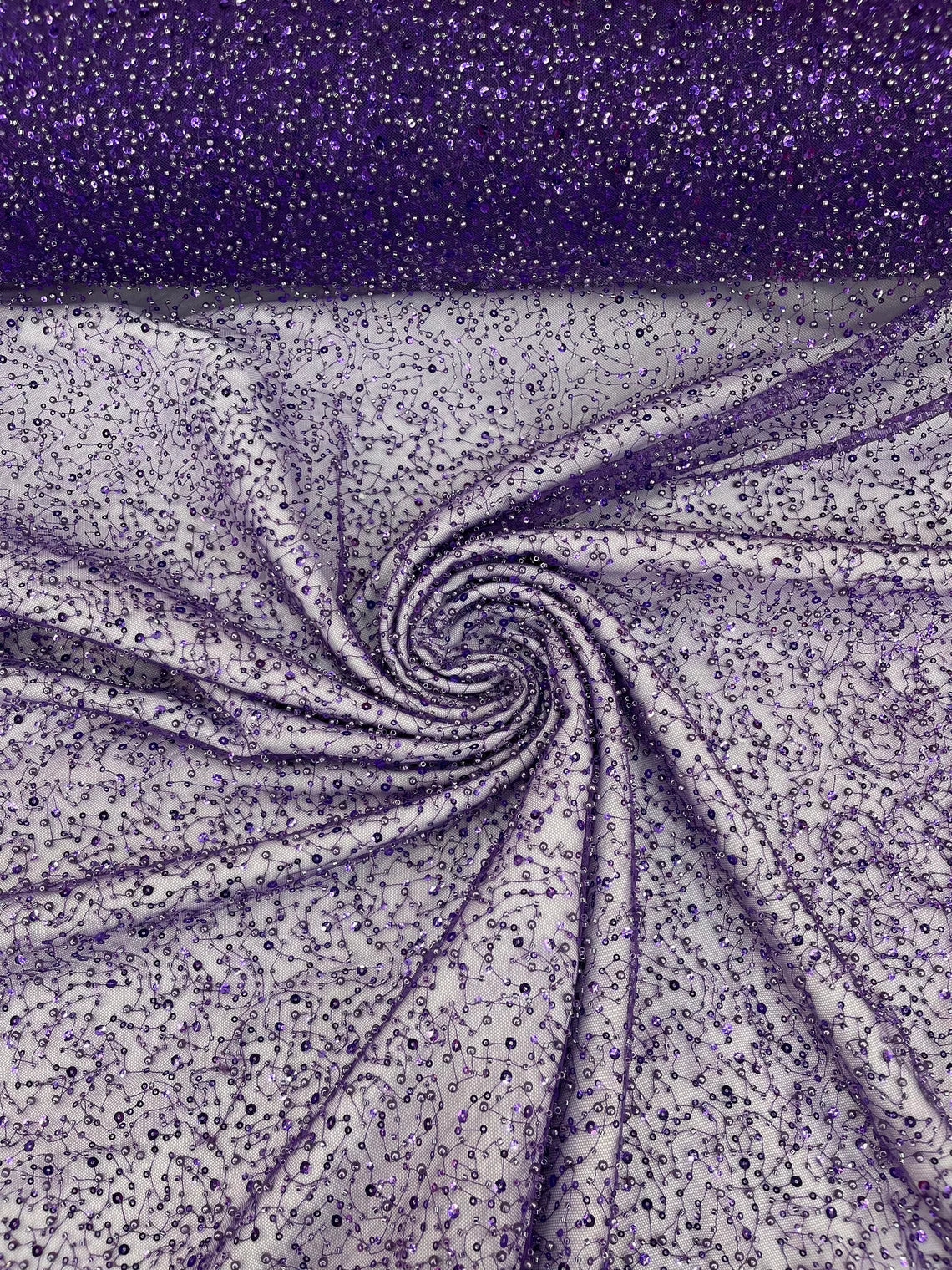3D Beaded Mesh Fabric - Purple - Embroidered Beaded Lace Mesh Fabric with Small Sequins Sold By Yard