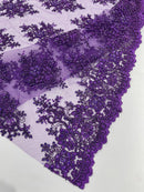 Floral Pearl Bead Fabric - Purple - Flower Design with Beads and Sequins Fabric Sold By Yard