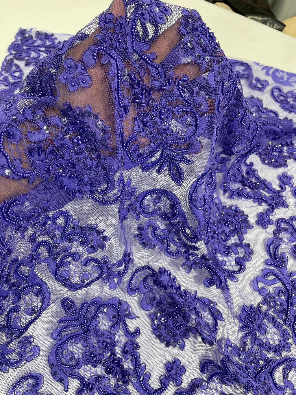 Beaded My Lady Damask Design - Purple - Beaded Fancy Damask Embroidered Fabric By Yard