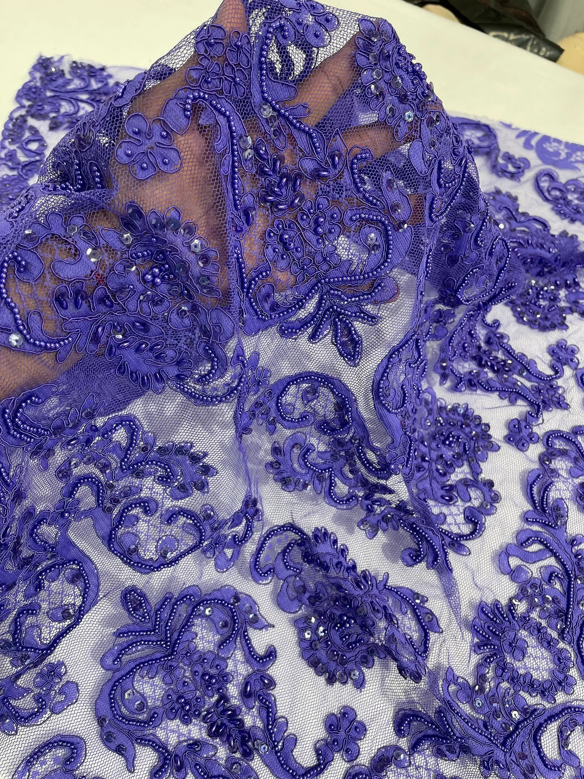 Beaded My Lady Damask Design - Purple - Beaded Fancy Damask Embroidered Fabric By Yard